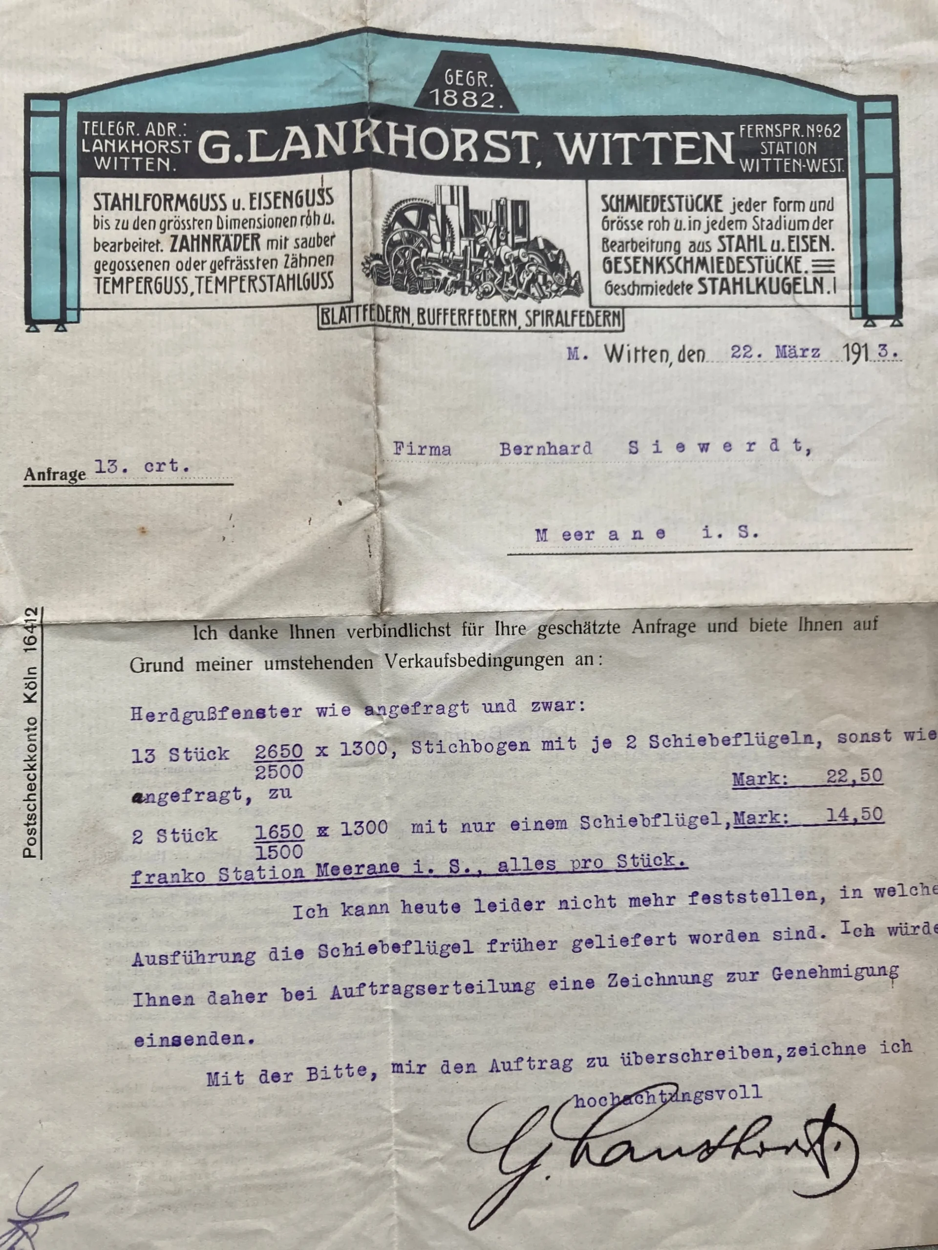 Auftragsbestätigung 1913 Auftragsbestätigung vor dem ersten Weltkrieg Firma Lankhorst in Witten